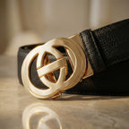 Genuine Leather Unisex Belt with Gold Interlocking Circular Buckle (115 CM, Medium) - Black