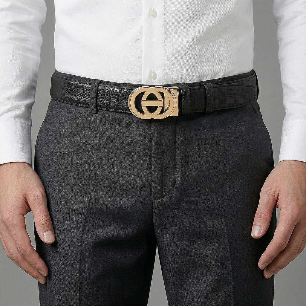 Genuine Leather Unisex Belt with Gold Interlocking Circular Buckle (115 CM, Medium) - Black
