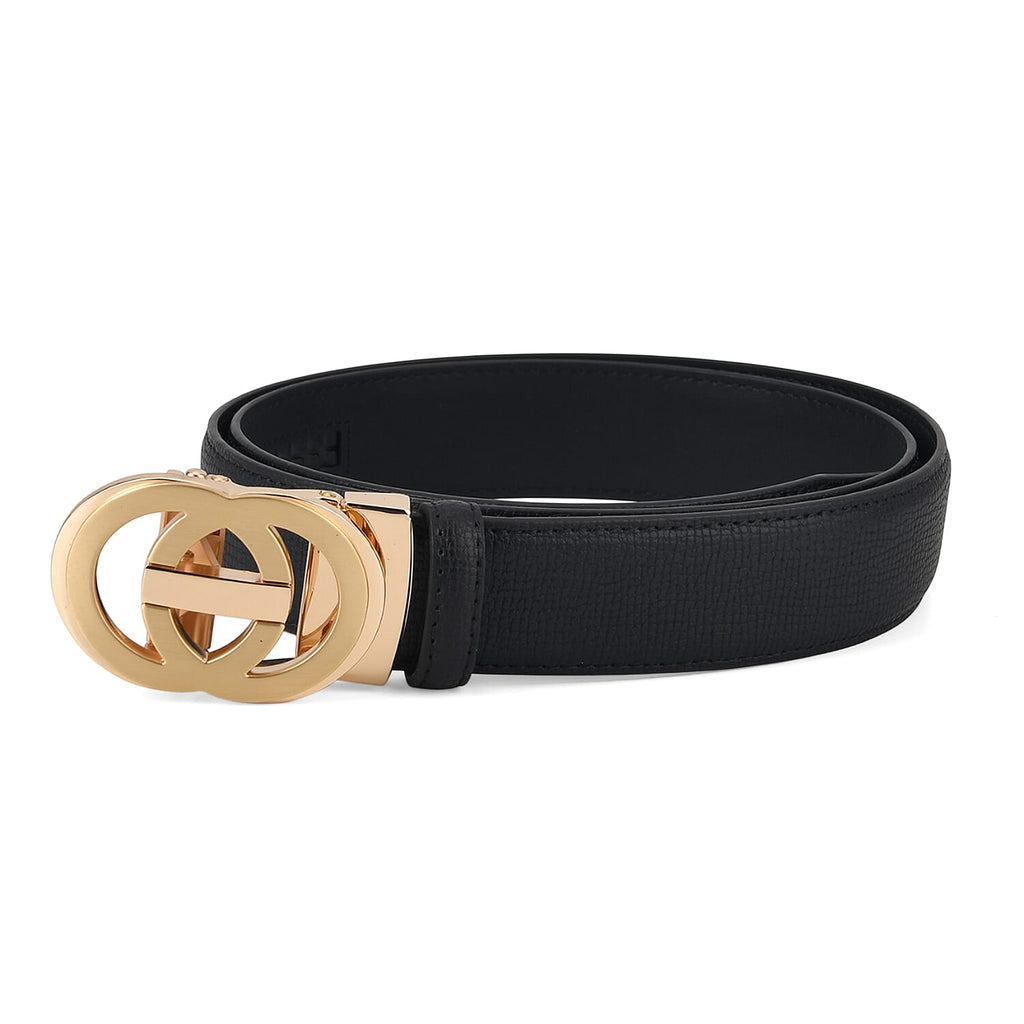 Genuine Leather Unisex Belt with Gold Interlocking Circular Buckle (115 CM, Medium) - Black