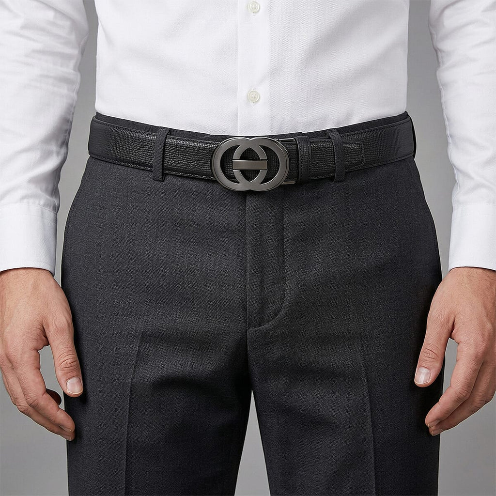 Genuine Leather Unisex Belt with Interlocking Circular Buckle (115 CM, Medium) - Black