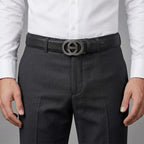 Genuine Leather Unisex Belt with Interlocking Circular Buckle (115 CM, Medium) - Black