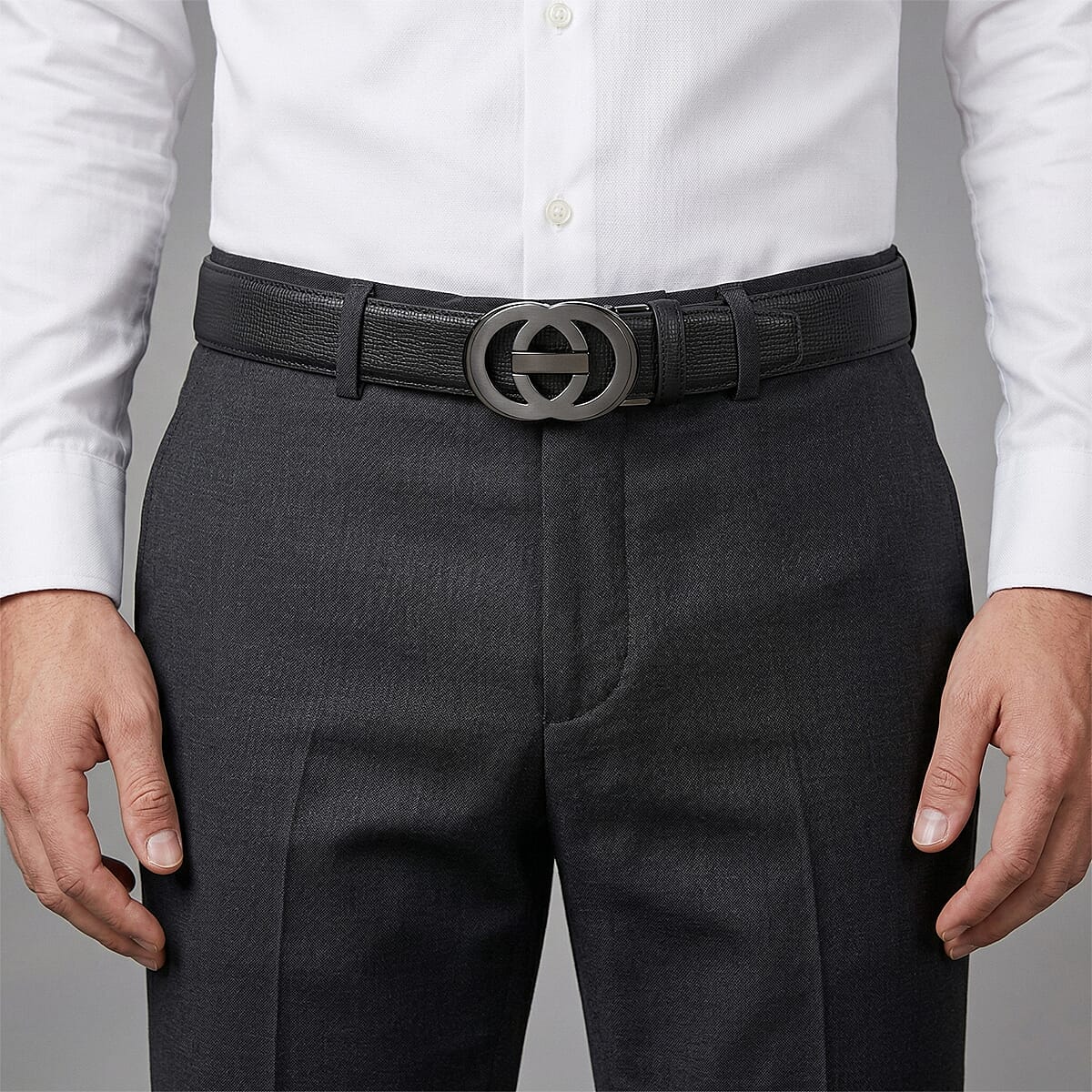 Genuine Leather Unisex Belt with Interlocking Circular Buckle (115 CM, Medium) - Black 8423048 3
