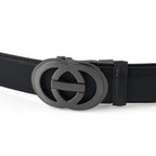 Genuine Leather Unisex Belt with Interlocking Circular Buckle (115 CM, Medium) - Black