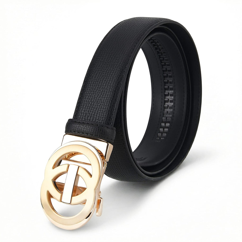 Genuine Leather Unisex Belt with Interlocking Circular Buckle (130 CM, Large) - Black