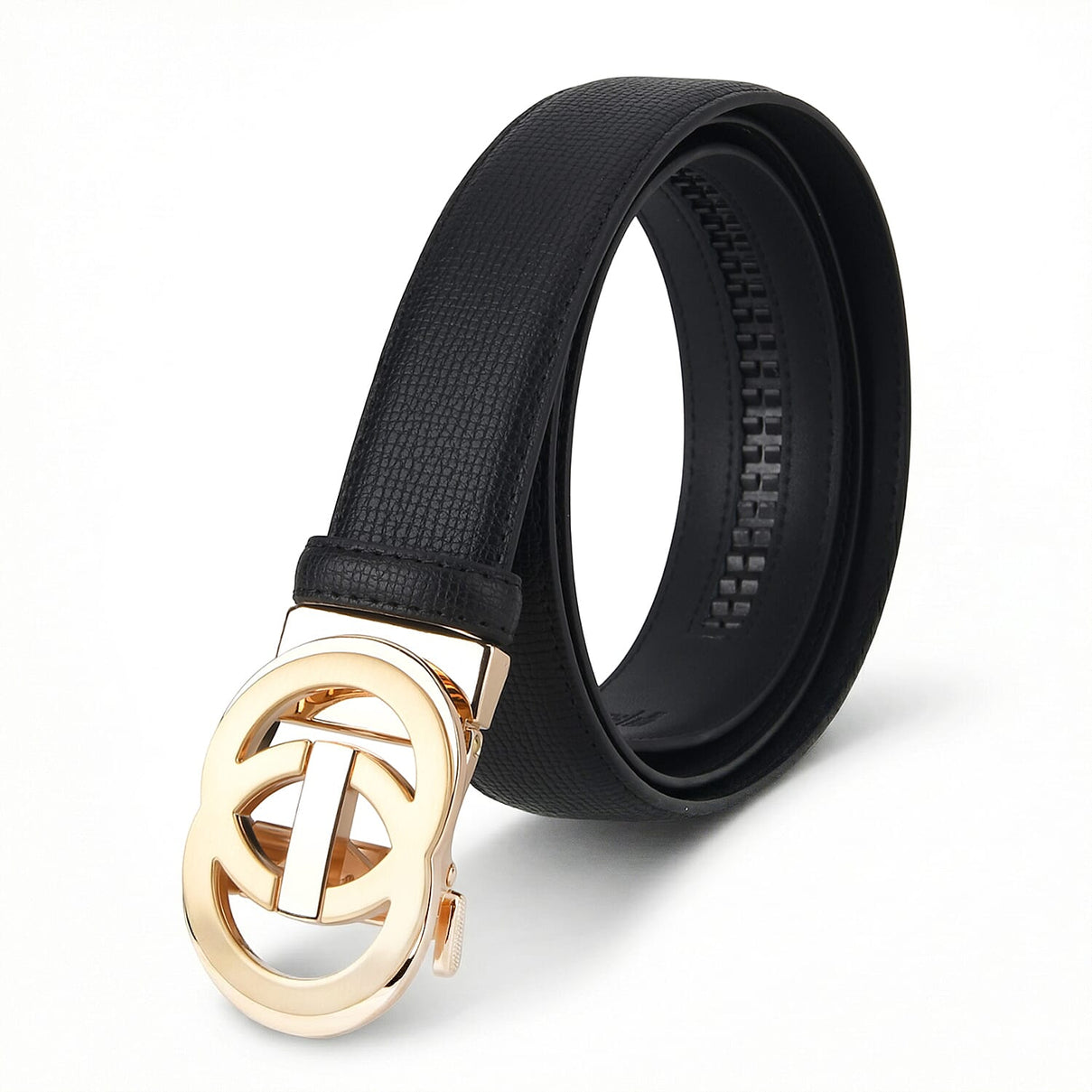Genuine Leather Unisex Belt with Interlocking Circular Buckle (130 CM, Large) - Black 8423046 0