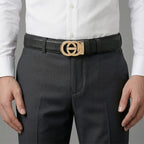 Genuine Leather Unisex Belt with Interlocking Circular Buckle (130 CM, Large) - Black