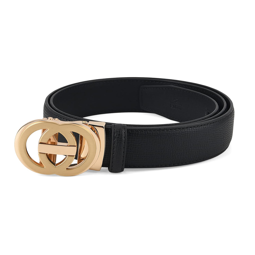 Genuine Leather Unisex Belt with Interlocking Circular Buckle (130 CM, Large) - Black