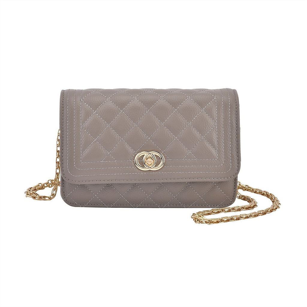 Genuine Leather Diamond Patterned Shoulder Bag with Chain Strap (Size 23x15x8 cm) - Black