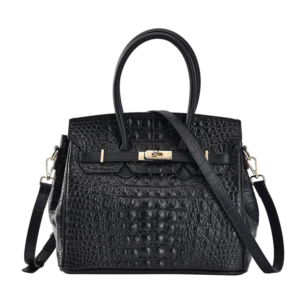 DESIGNER CLOSEOUT - Luxury Crocodile Embossed Genuine Leather Handbag with Detachable Long Strap - Black