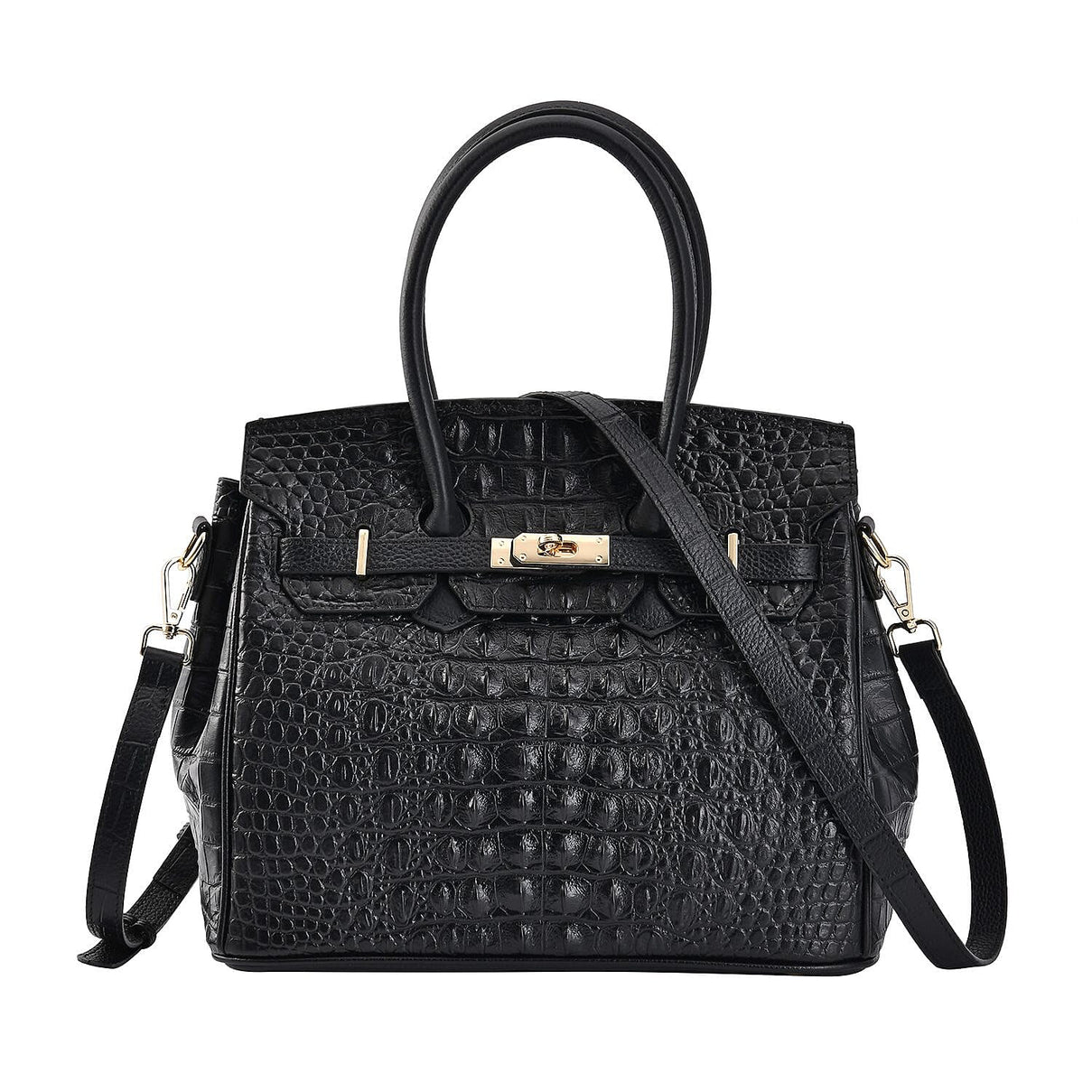 Designer Closeout Deal - Luxury Crocodile Embossed Genuine Leather Handbag with Detachable Long Strap - Black 7283005 0