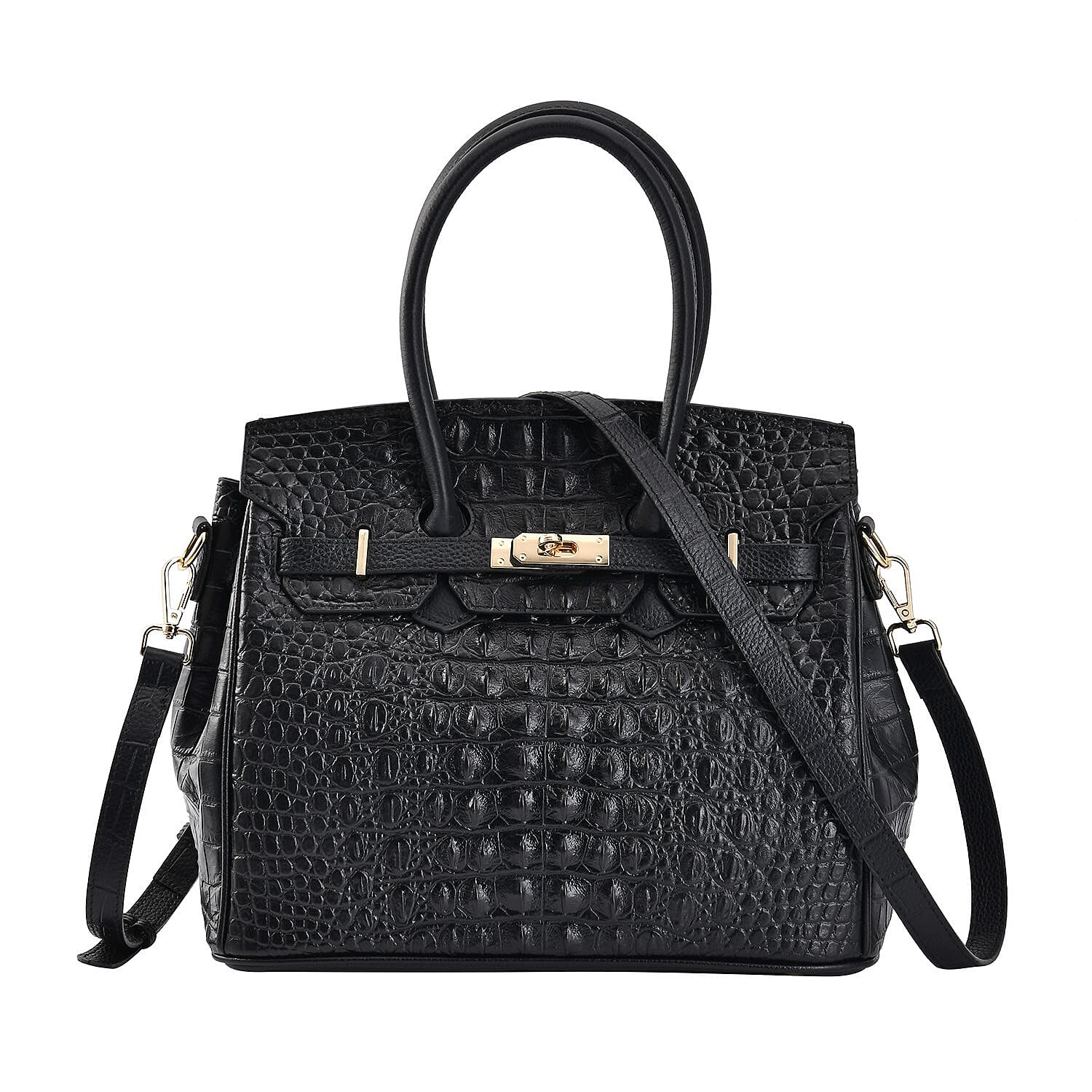 Designer Closeout Deal - Luxury Crocodile Embossed Genuine Leather Handbag with Detachable Long Strap - Black 7283005 0
