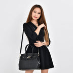 DESIGNER CLOSEOUT - Luxury Crocodile Embossed Genuine Leather Handbag with Detachable Long Strap - Black