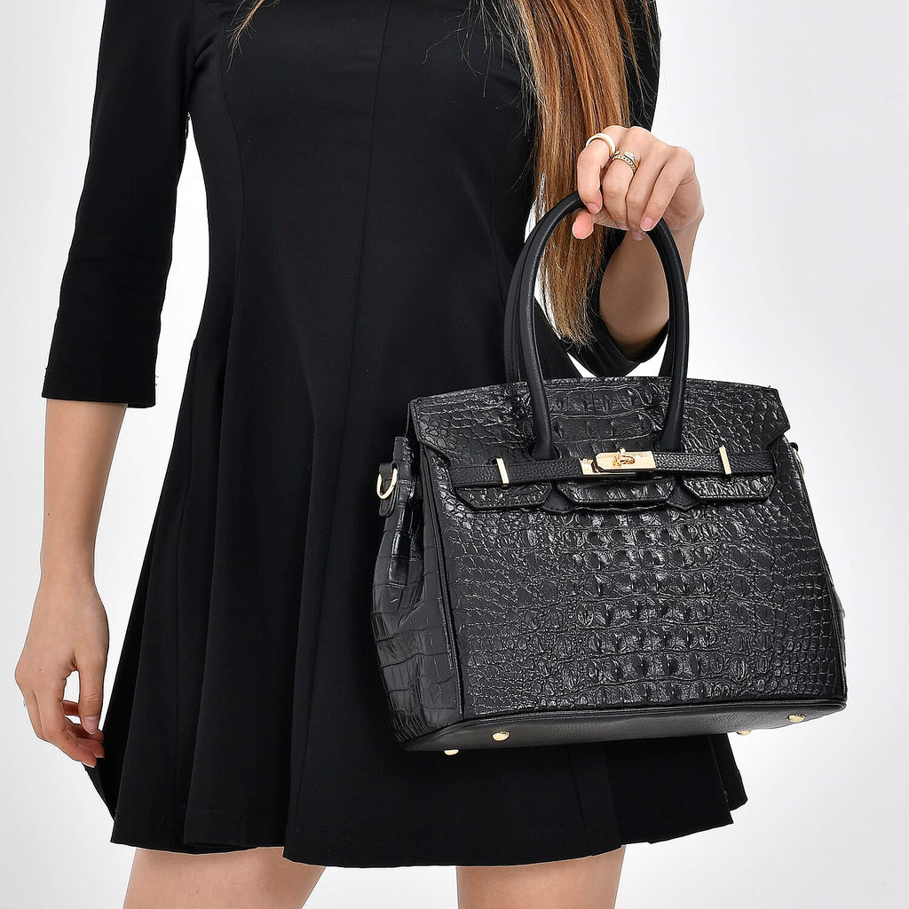 DESIGNER CLOSEOUT - Luxury Crocodile Embossed Genuine Leather Handbag with Detachable Long Strap - Black