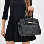 DESIGNER CLOSEOUT - Luxury Crocodile Embossed Genuine Leather Handbag with Detachable Long Strap - Black