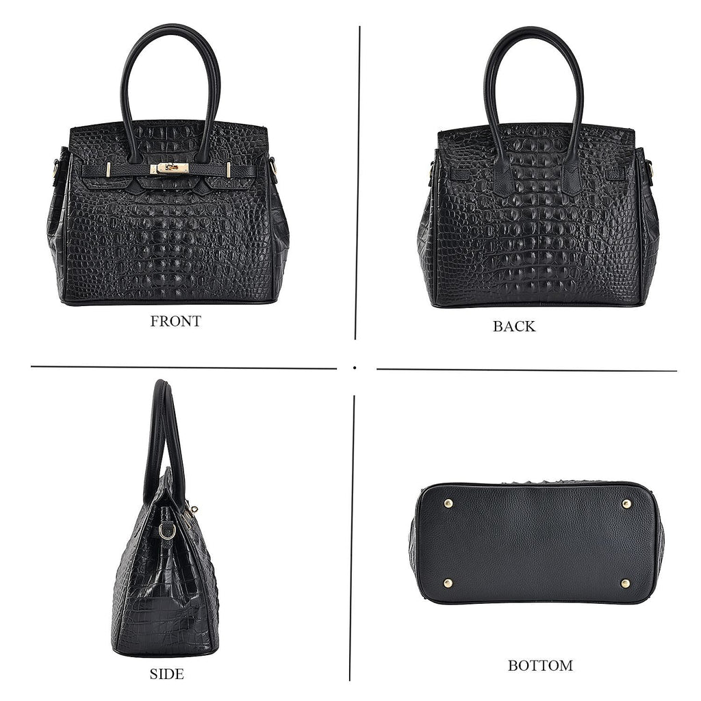 DESIGNER CLOSEOUT - Luxury Crocodile Embossed Genuine Leather Handbag with Detachable Long Strap - Black