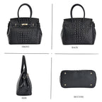DESIGNER CLOSEOUT - Luxury Crocodile Embossed Genuine Leather Handbag with Detachable Long Strap - Black
