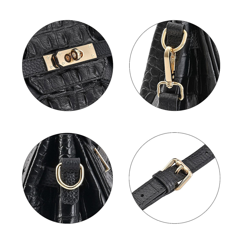DESIGNER CLOSEOUT - Luxury Crocodile Embossed Genuine Leather Handbag with Detachable Long Strap - Black