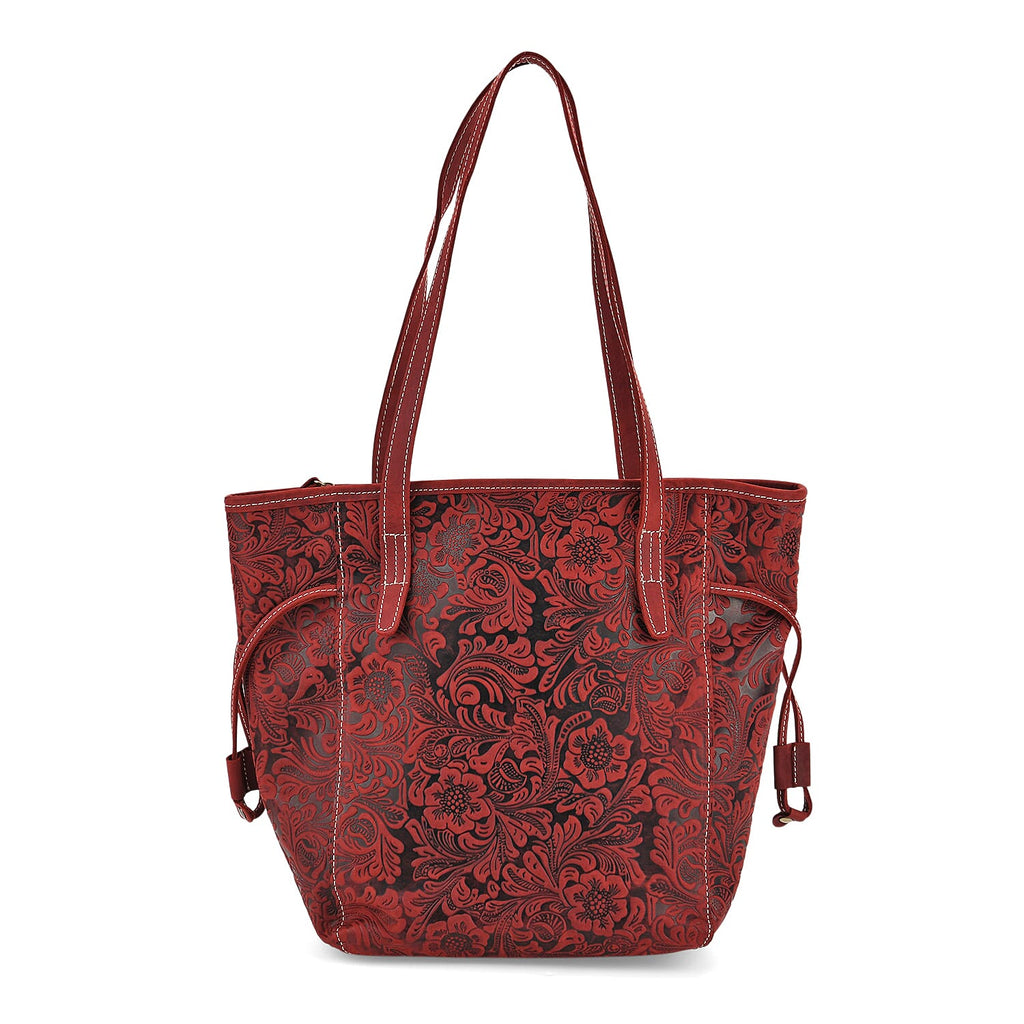 100% Genuine Leather Floral Embossed Tote Bag - Burgundy