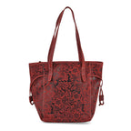 100% Genuine Leather Floral Embossed Tote Bag - Burgundy
