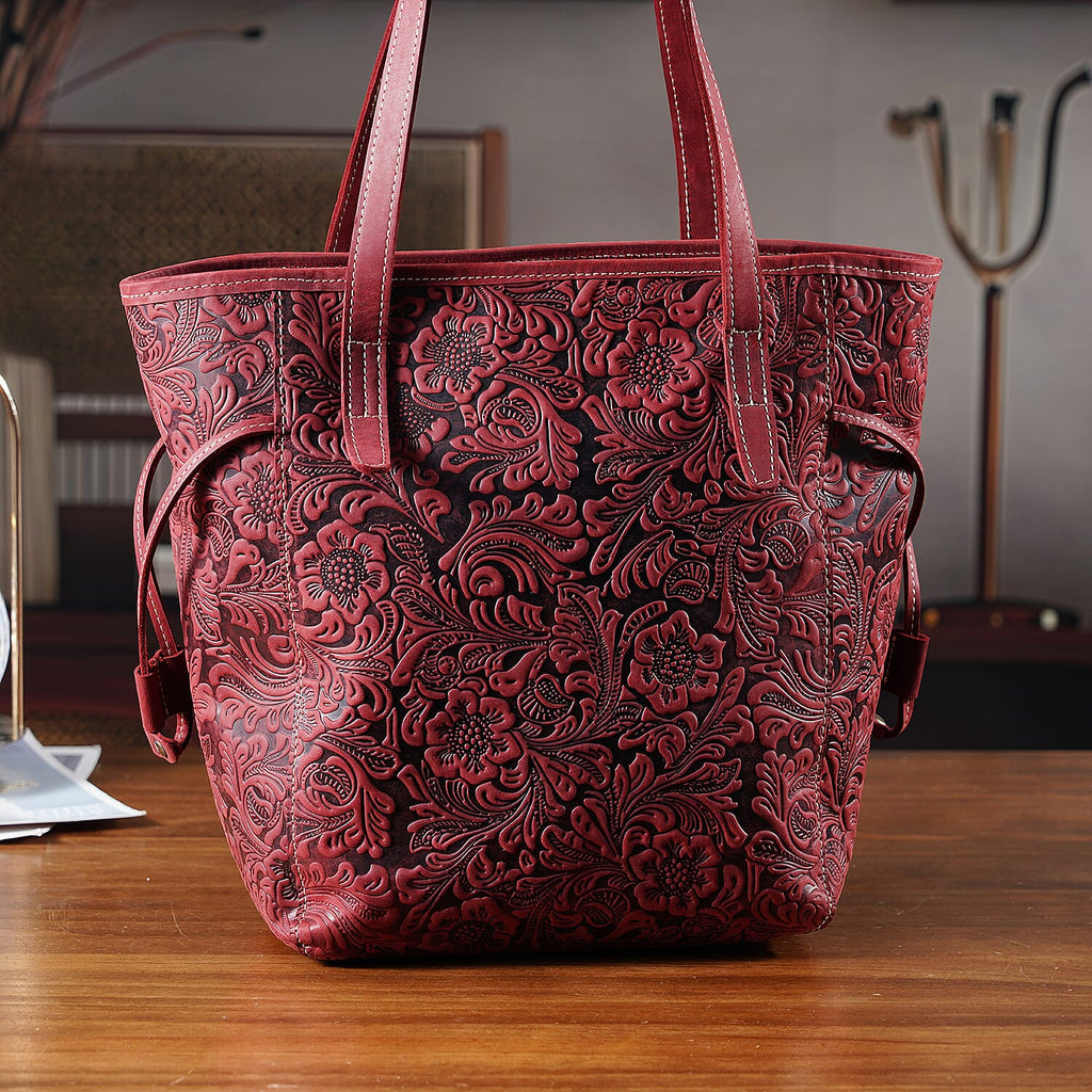 100% Genuine Leather Floral Embossed Tote Bag - Burgundy
