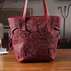 100% Genuine Leather Floral Embossed Tote Bag - Burgundy
