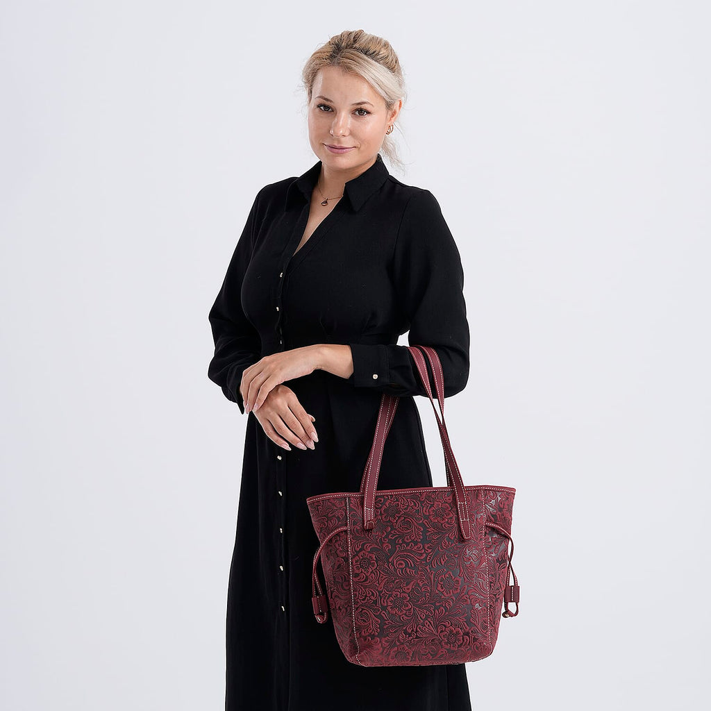 100% Genuine Leather Floral Embossed Tote Bag - Burgundy