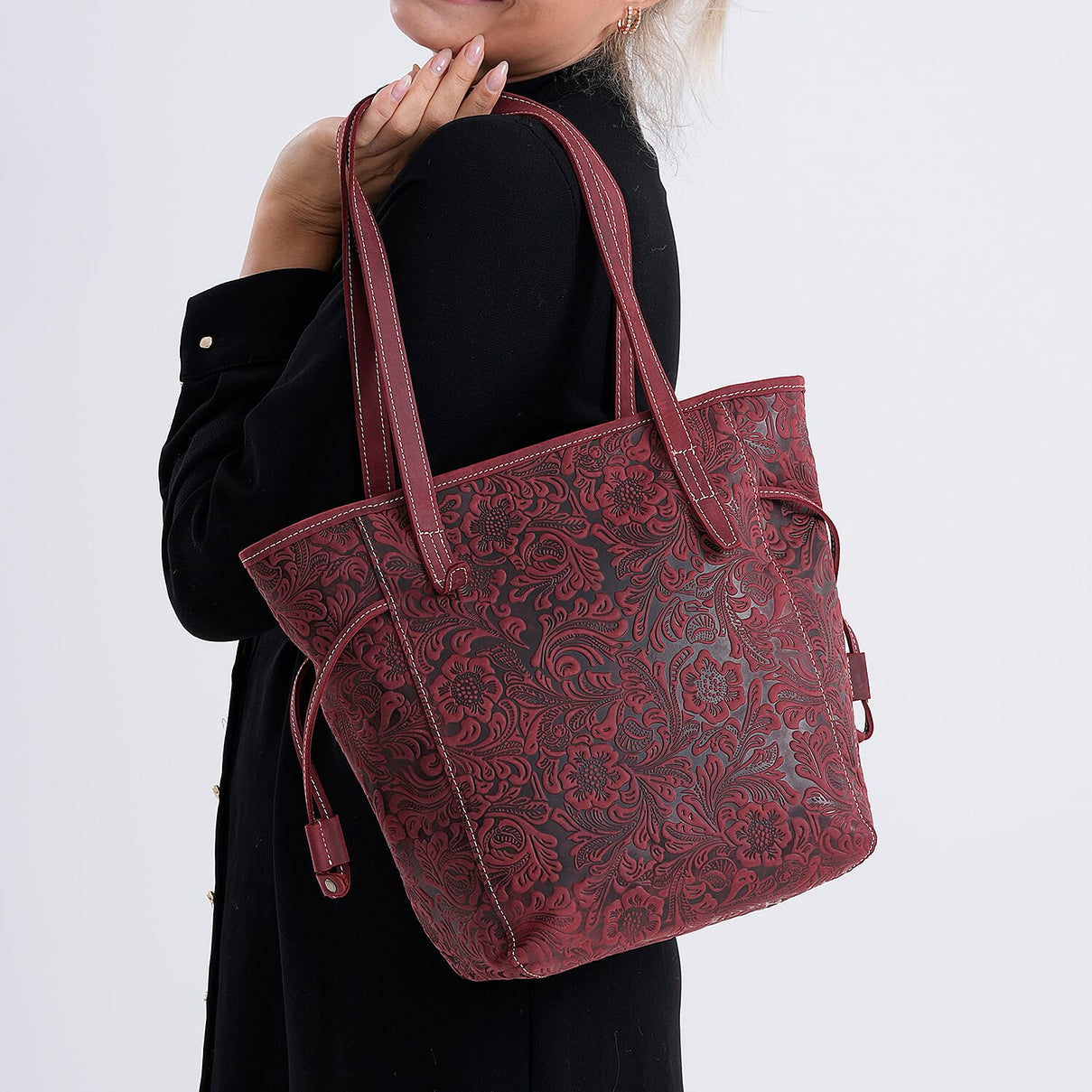 Genuine Leather Embossed Floral Tote Bag 7852660 4