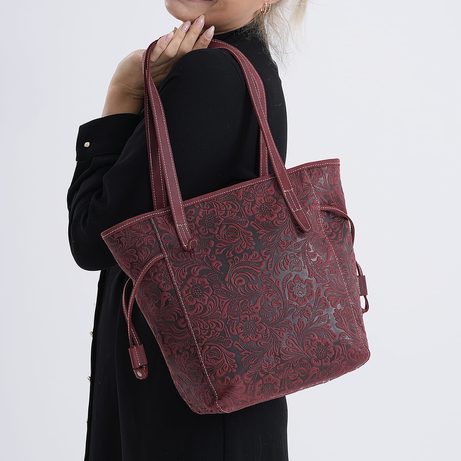 Genuine Leather Embossed Floral Tote Bag 7852660 4