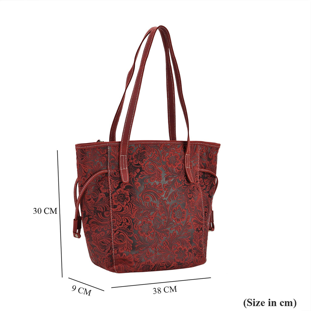 100% Genuine Leather Floral Embossed Tote Bag - Burgundy