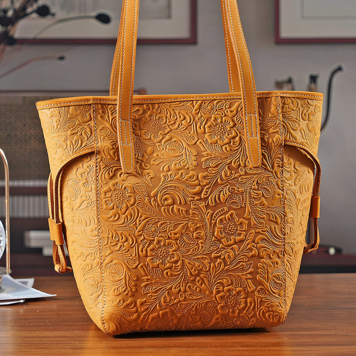 Genuine Leather Embossed Floral Tote Bag V32626277 2