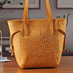 100% Genuine Leather Floral Embossed Tote Bag - Mustard