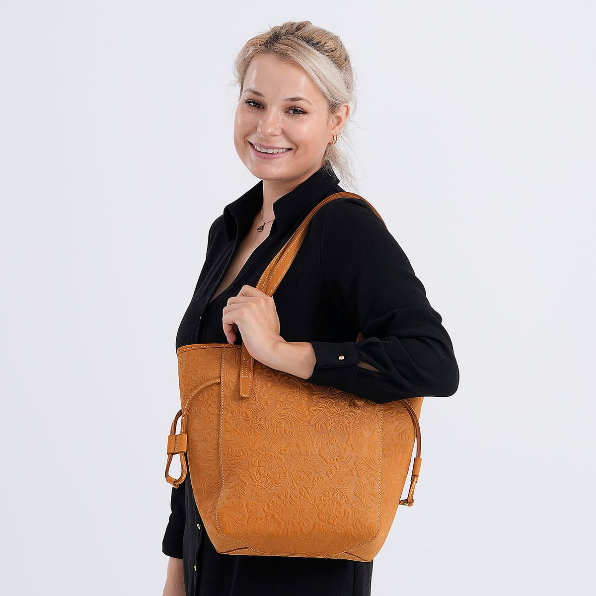 Genuine Leather Embossed Floral Tote Bag V32626277 3