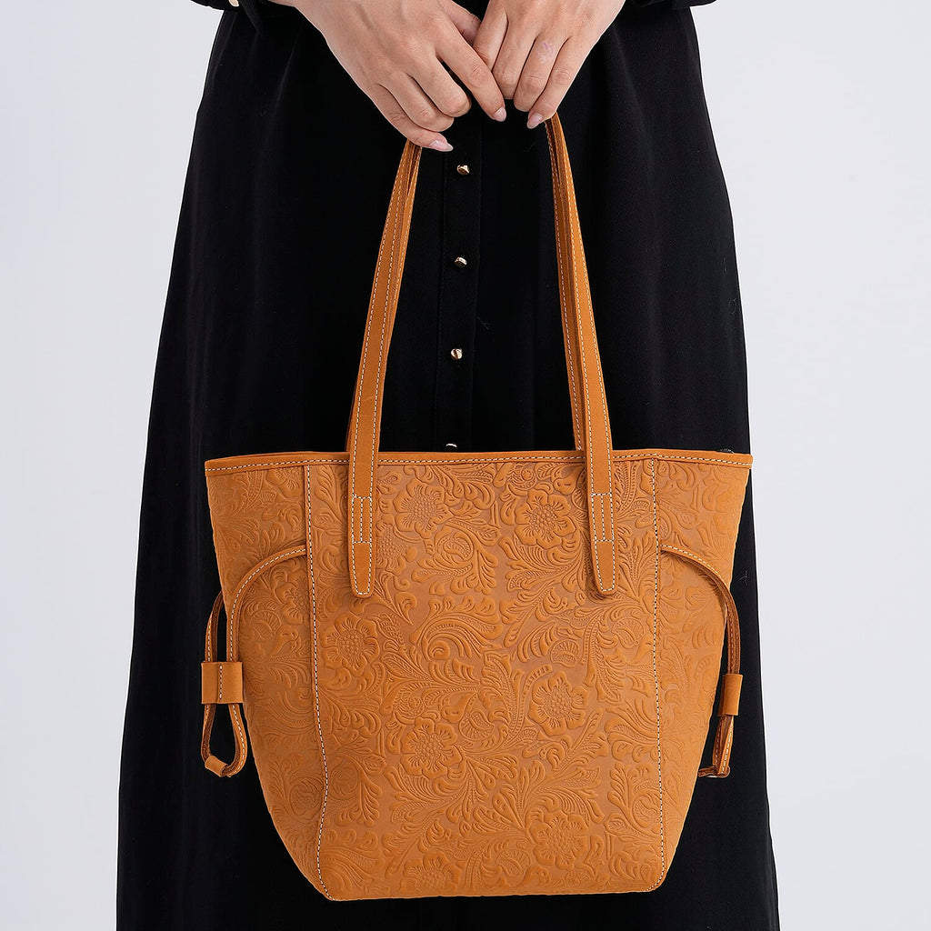 100% Genuine Leather Floral Embossed Tote Bag - Mustard