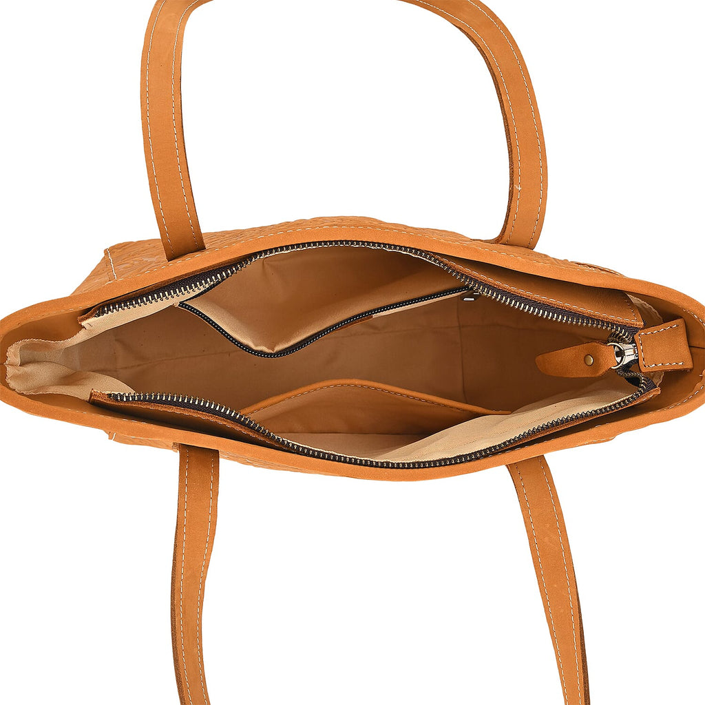 100% Genuine Leather Floral Embossed Tote Bag - Mustard
