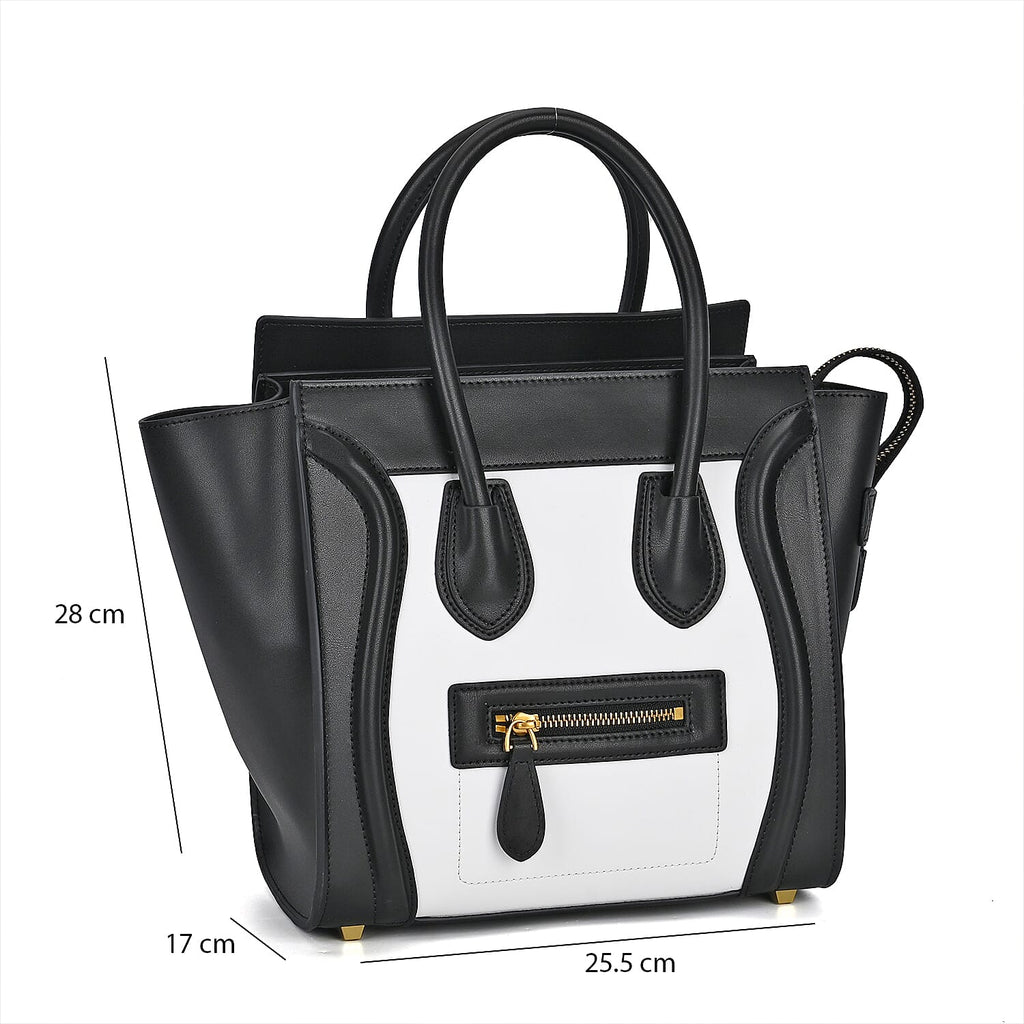 CLOSEOUT OFFER - DESIGNER INSPIRED 100% Genuine Leather Crossbody Bag with Handle Drop - Black - White