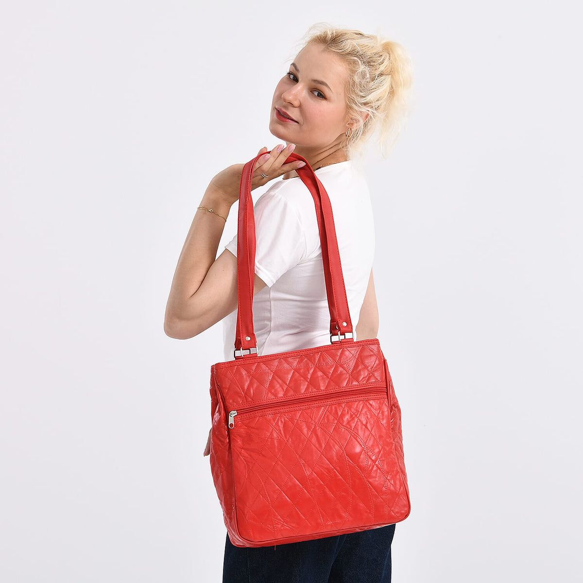 Genuine Leather Patchwork Tote Bag (Size 30x10x33 cm) - Red 8099131 2