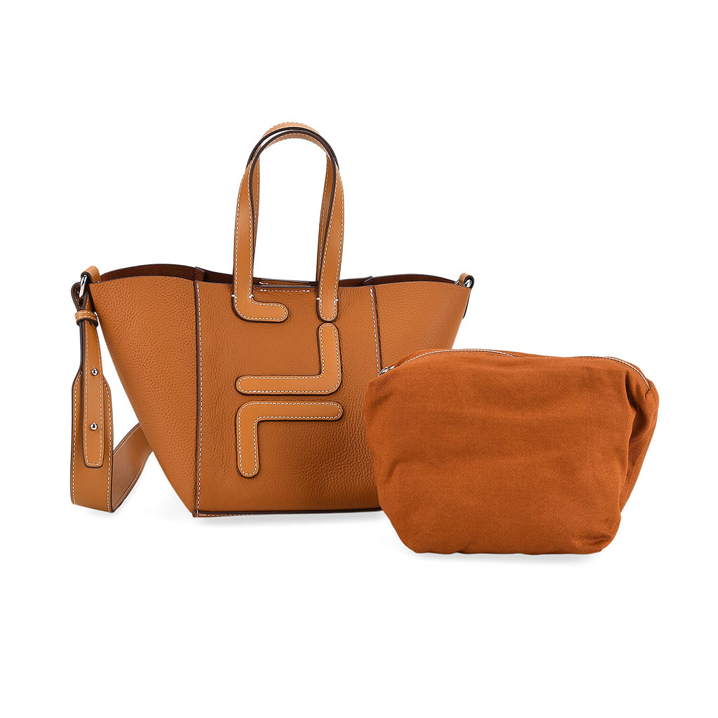 Set of 2 Genuine Leather Bucket Bag & Pouch - Tan