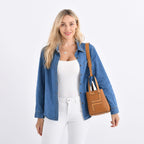 Set of 2 Genuine Leather Bucket Bag & Pouch - Tan