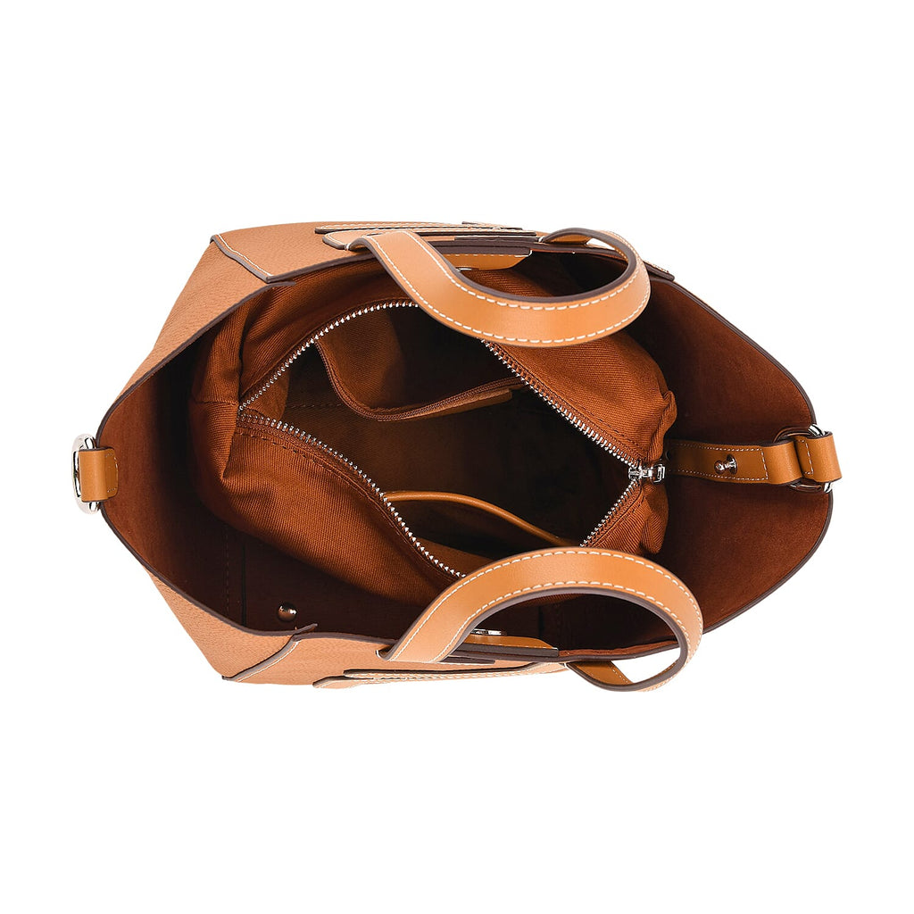 Set of 2 Genuine Leather Bucket Bag & Pouch - Tan