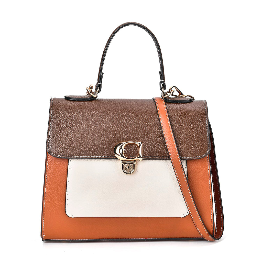 Genuine Leather Patterned Crossbody Bag (Size 27x11x22 cm) - Tan & White