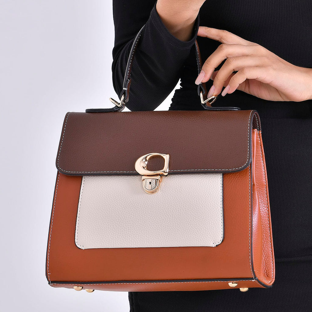 Genuine Leather Patterned Crossbody Bag (Size 27x11x22 cm) - Tan & White
