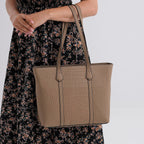 Genuine Leather Patterned Tote Bag (Size 38x12x27 cm) - Grey & Black