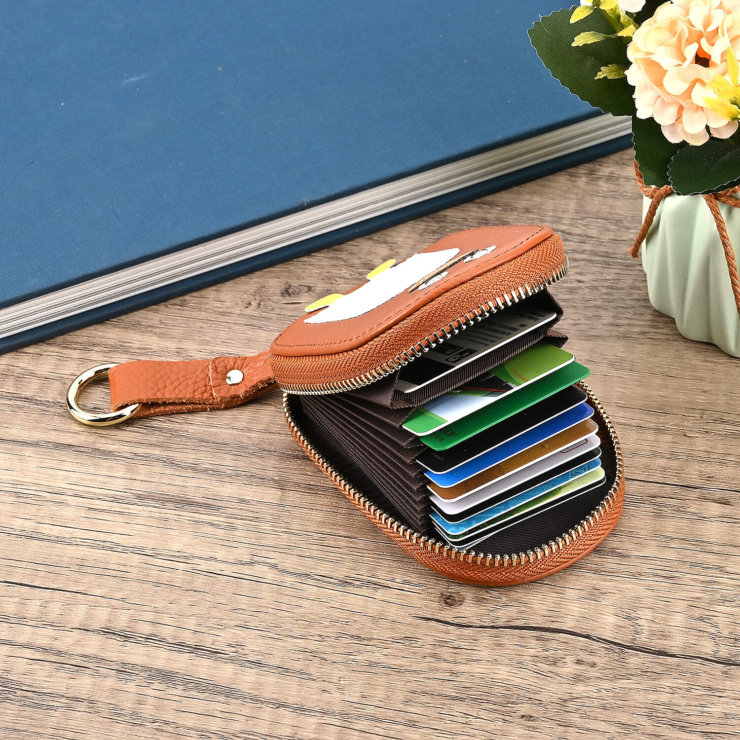 Genuine Leather Penguin Card Wallet with Keychain &amp; RFID Technology - Tan 7629692 1