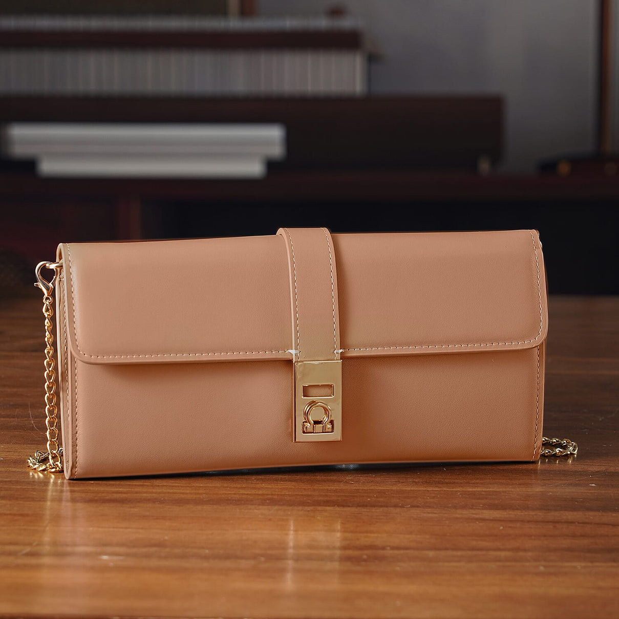 Genuine Leather RFID Blocking Travel Clutch with Chain Strap - Nude Brown V32528319 0
