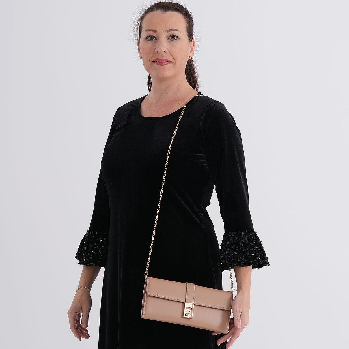 Genuine Leather RFID Blocking Travel Clutch with Chain Strap - Nude Brown V32528319 2