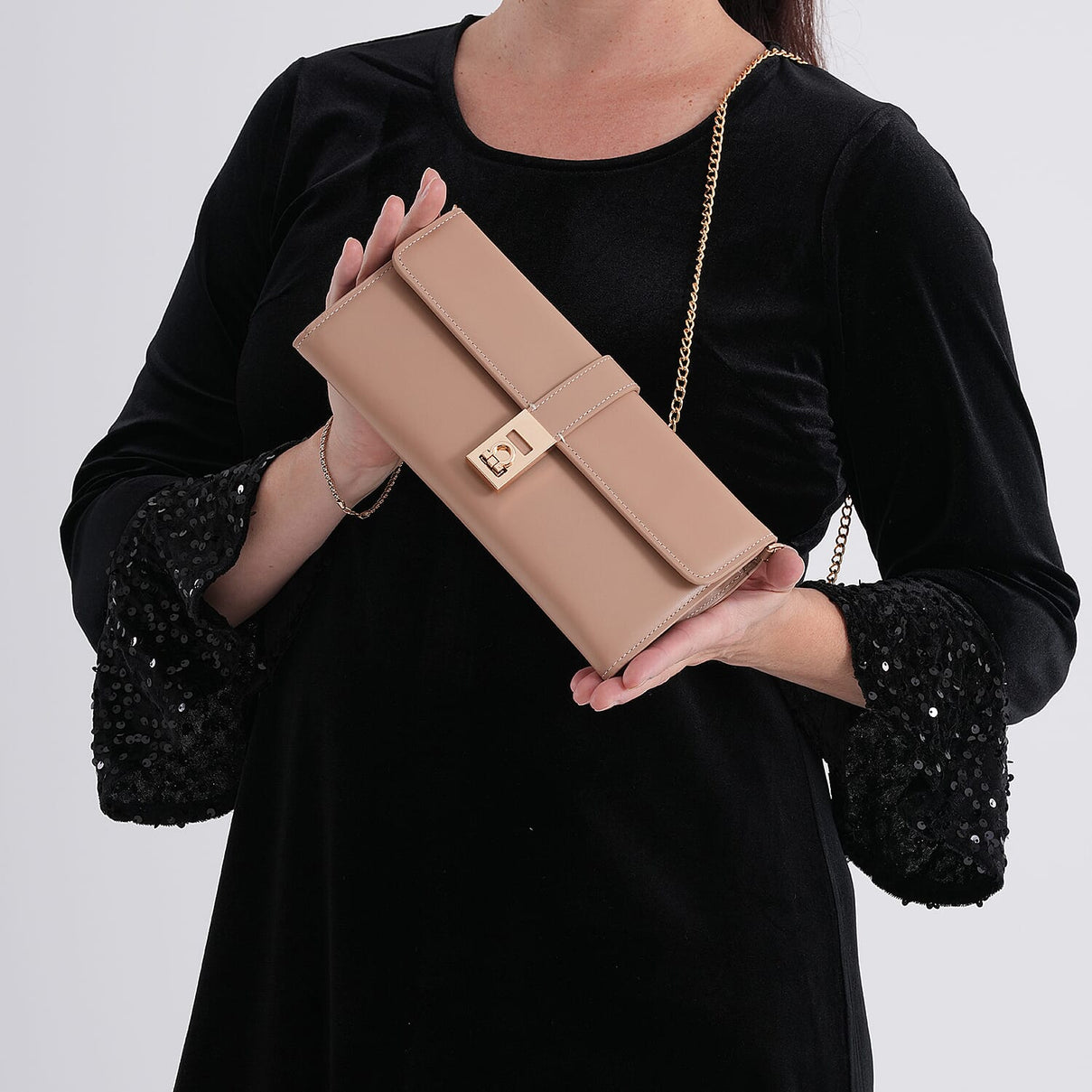 Genuine Leather RFID Blocking Travel Clutch with Chain Strap - Nude Brown V32528319 3