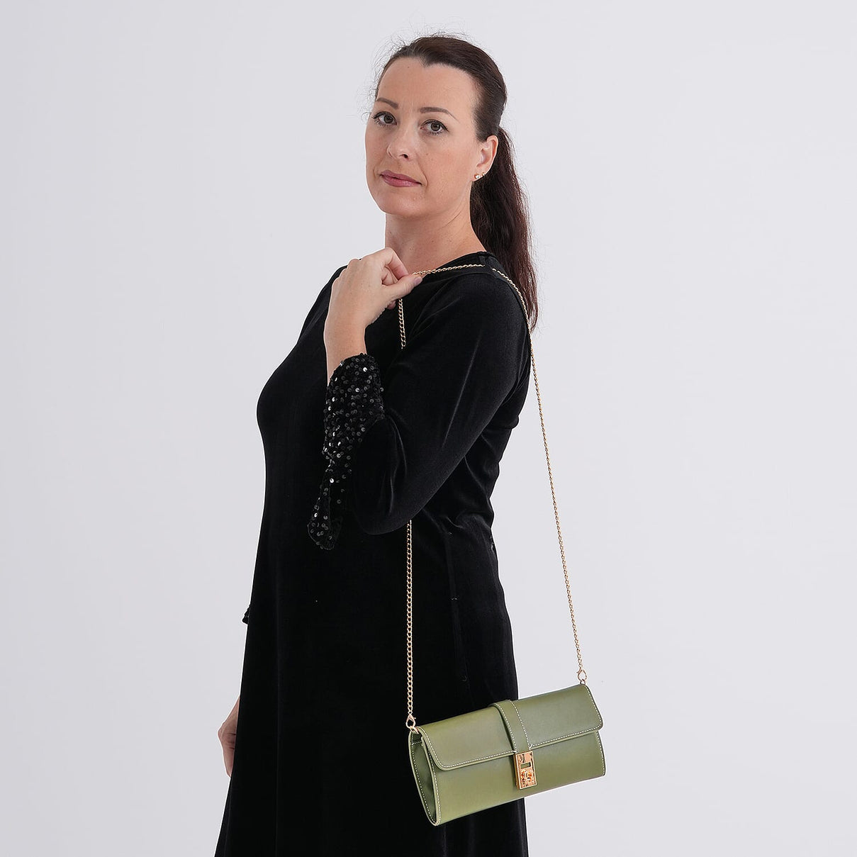Genuine Leather RFID Blocking Travel Clutch with Chain Strap - Olive Green V32515265 2
