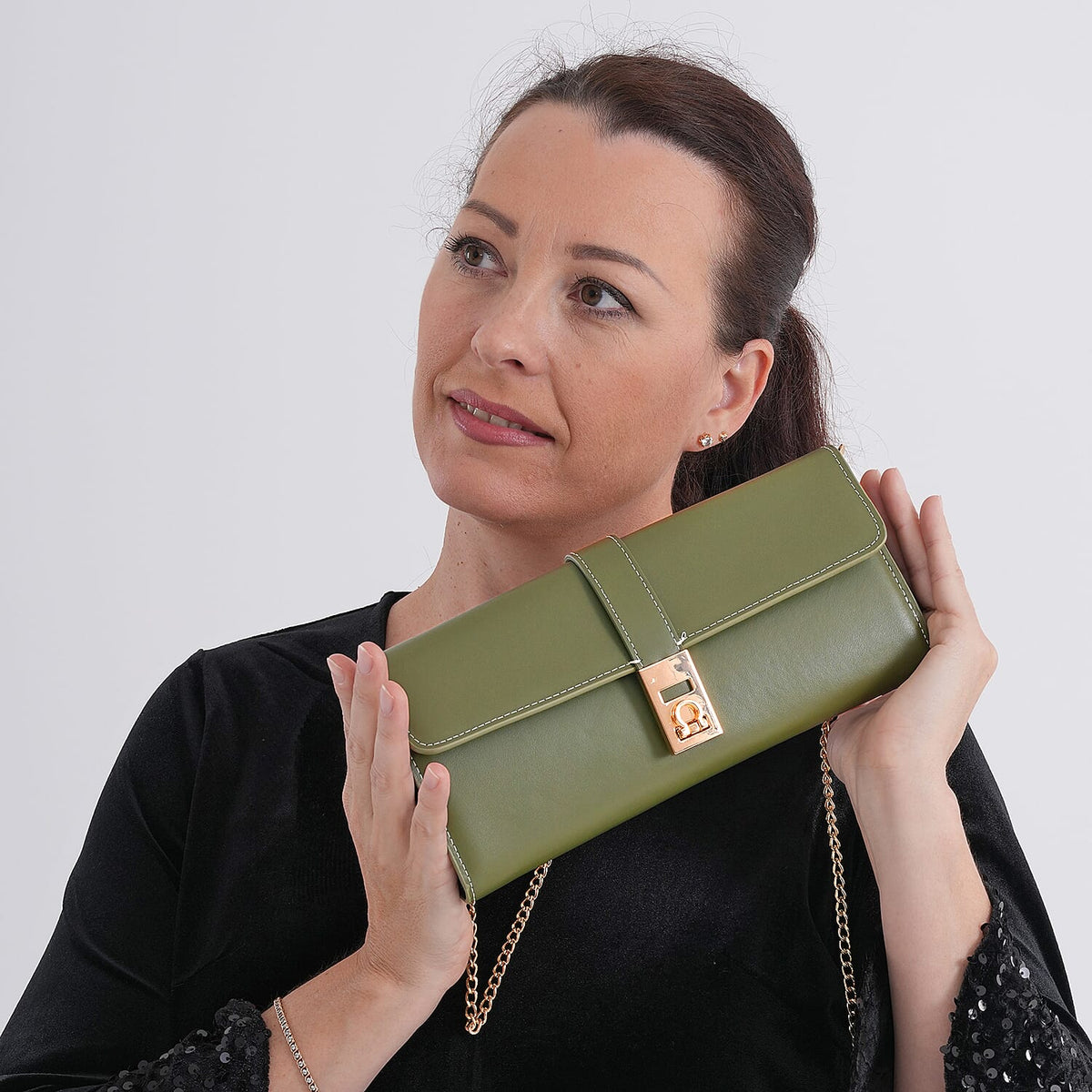 Genuine Leather RFID Blocking Travel Clutch with Chain Strap - Olive Green V32515265 3