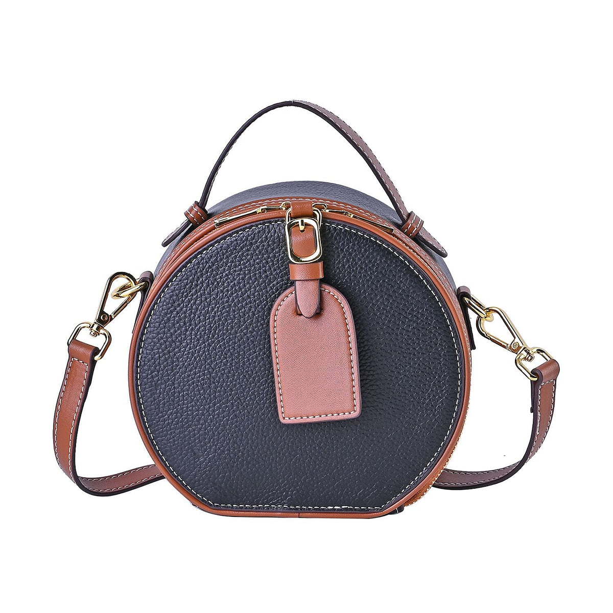 Hong Kong Closeout - Genuine Leather Round Crossbody Bag with Handle Drop - Black 7585837 0
