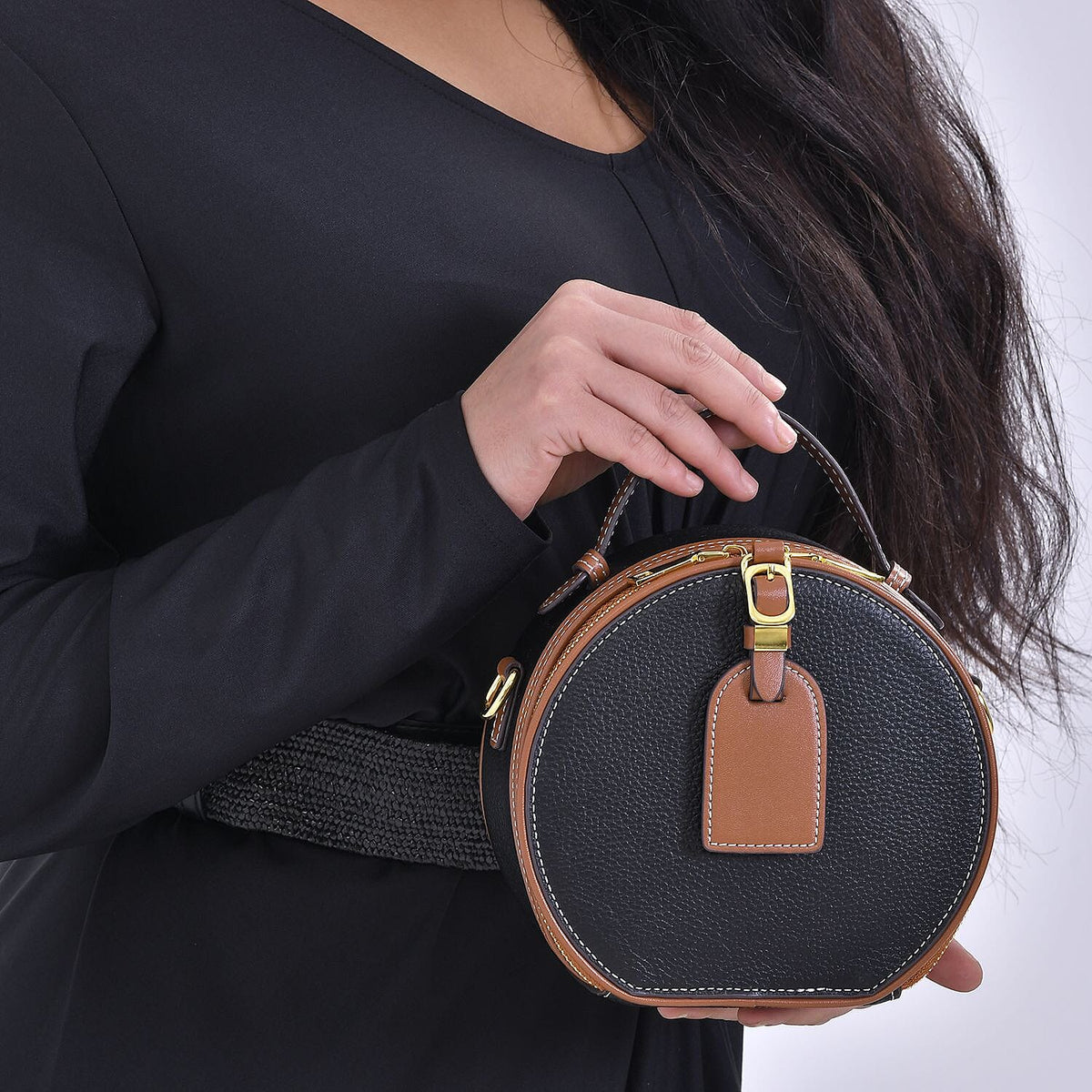 Hong Kong Closeout - Genuine Leather Round Crossbody Bag with Handle Drop - Black 7585837 3